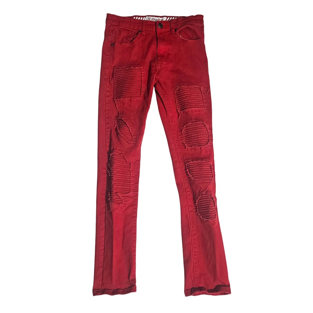 GSTR Mens Red Biker Moto Distressed Slim Fit Jeans Ribbed Panels Size 30 x 28